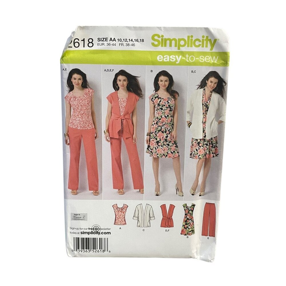 Simplicity 2618 Misses Pants Jacket Vest Scarf Dress & Top Pattern‎ Sizes 10-18